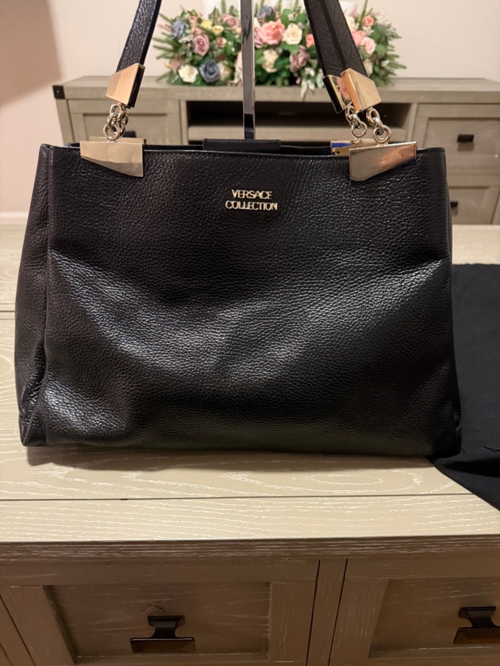 Versace Collection Black Pebbled Leather Tote with Gold Hardware